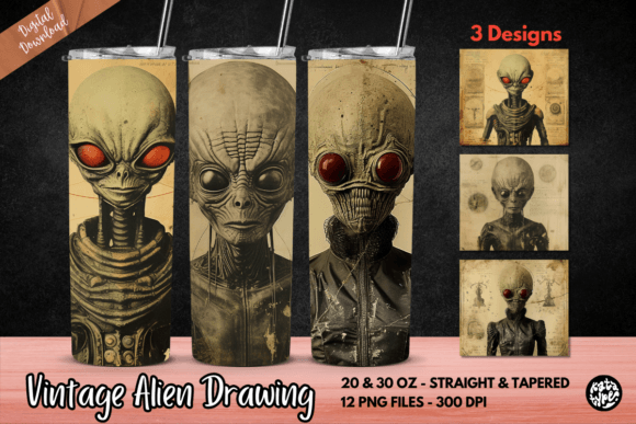 Vintage Alien Drawing Tumbler Wrap: Graphics Print Templates