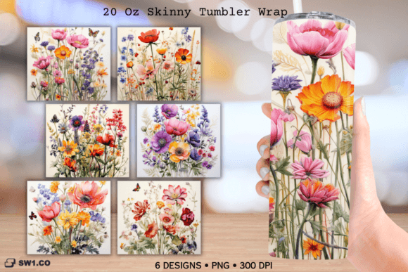 Watercolor Wildflowers Tumbler Wrap PNG for Crafts & Graphics